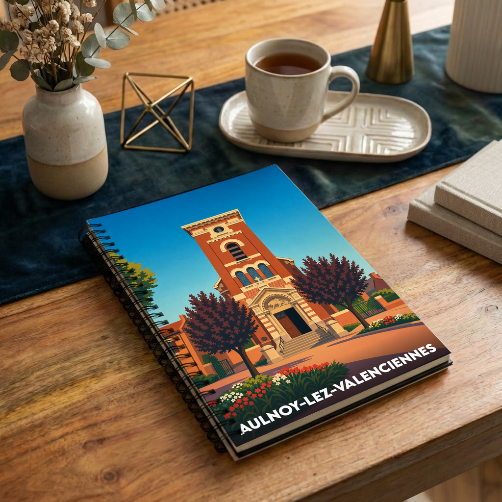 Carnet souvenir de la ville de Aulnoy-lez-Valenciennes avec une illustration stylisée de son église.
