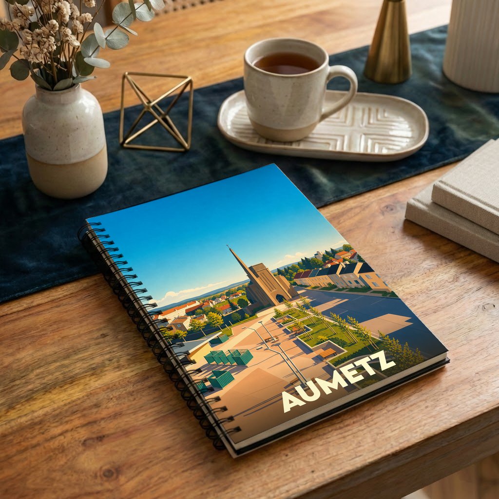 Carnet à spirales souvenir de la ville d'Aumetz avec une illustration stylisée.