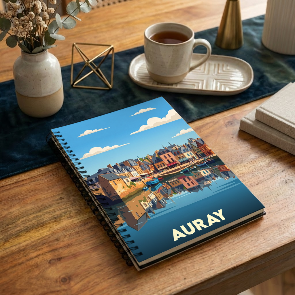 Carnet souvenir de la ville d'Auray avec une illustration stylisée.