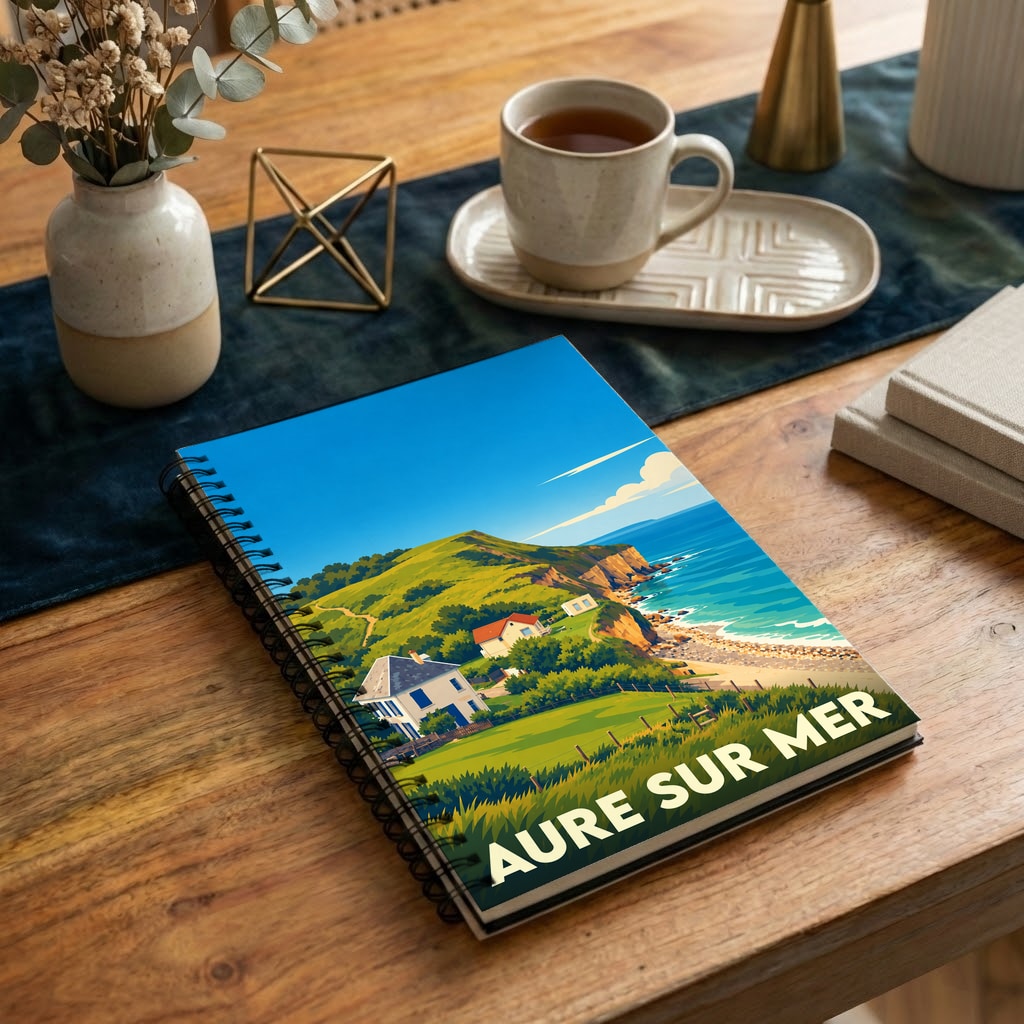 Carnet à spirales souvenir d'Aure sur Mer illustré d'un paysage côtier stylisé.