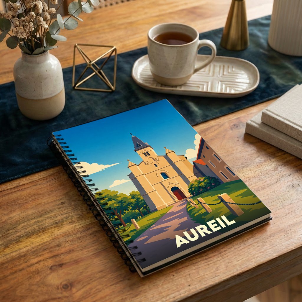 Carnet à spirales souvenir de la ville d'Aureil avec une illustration stylisée de son église.
