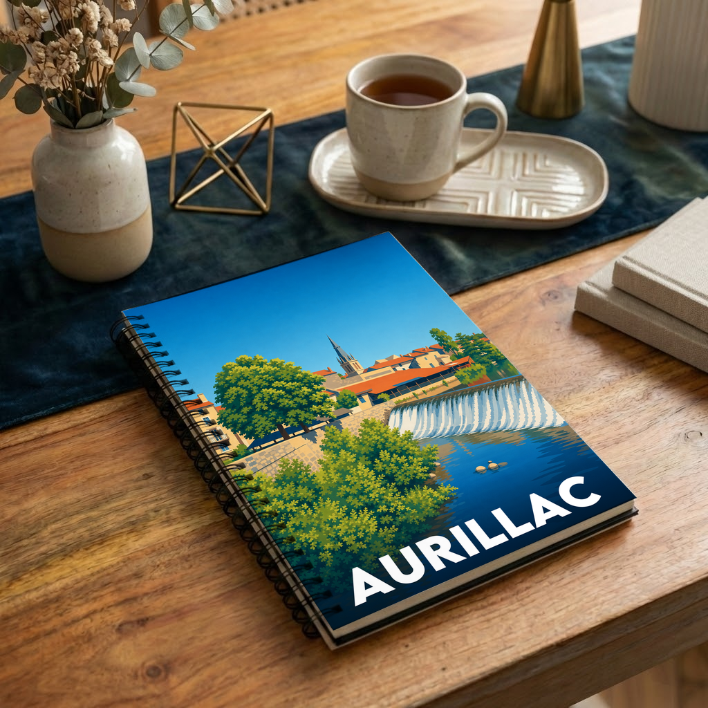 Carnet souvenir de la ville d'Aurillac avec une illustration stylisée de ses paysages.