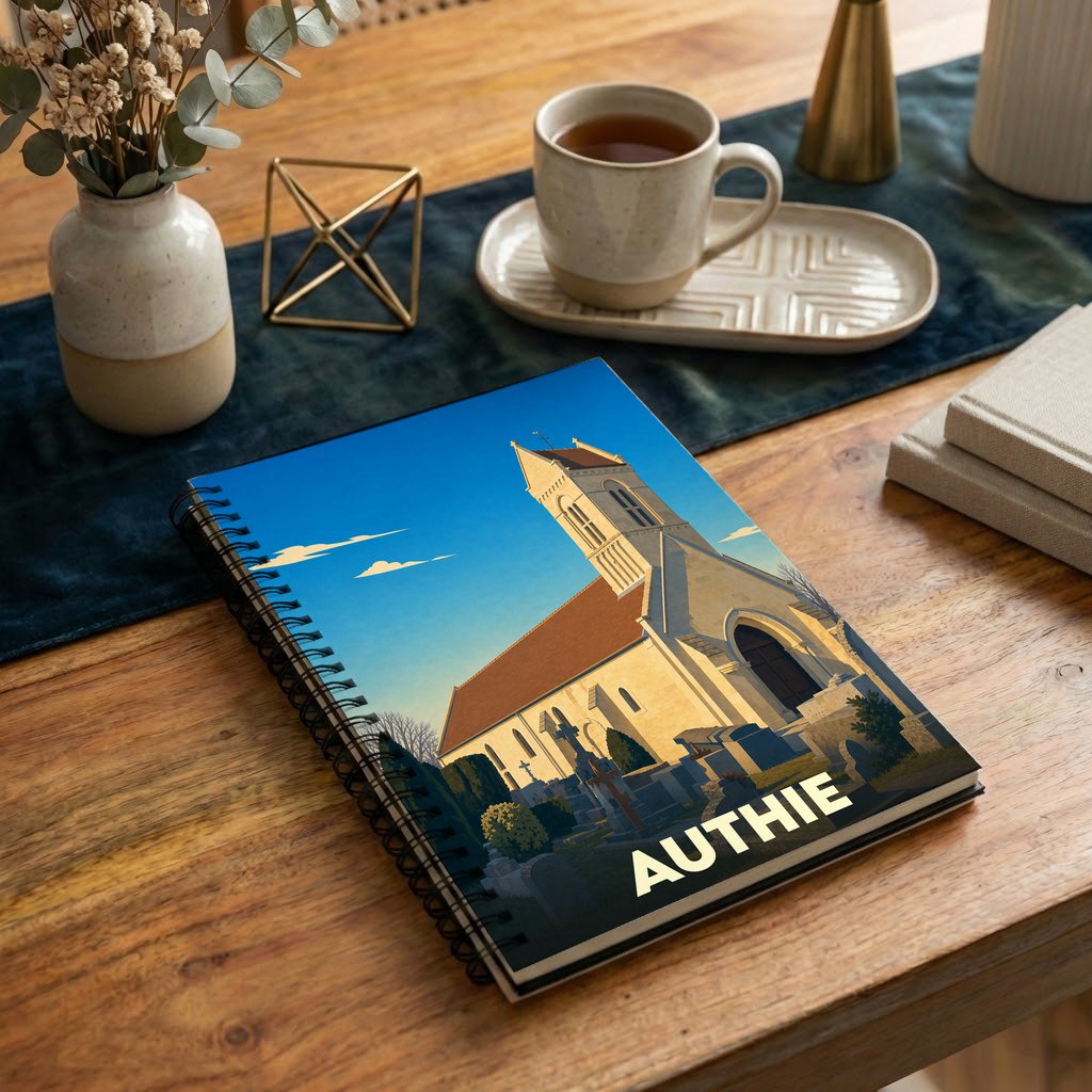 Carnet souvenir de la ville d'Authie avec une illustration stylisée de son église sous un ciel bleu.
