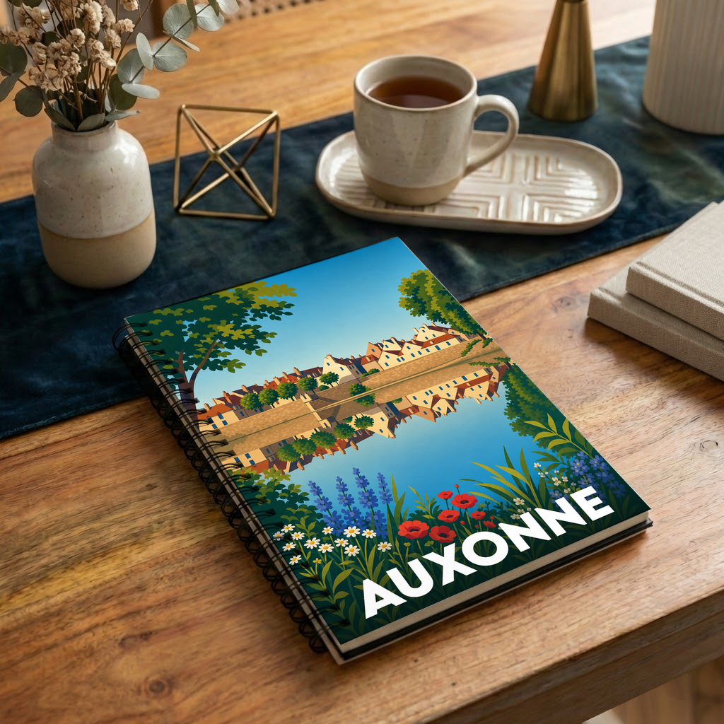 Carnet de notes souvenir de la ville d'Auxonne avec une illustration stylisée et colorée de ses quais.