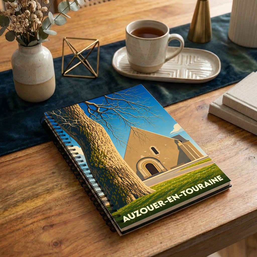 Carnet à spirales souvenir d'Auzouer-en-Touraine illustré d'un dessin stylisé de son église et d'un grand arbre.