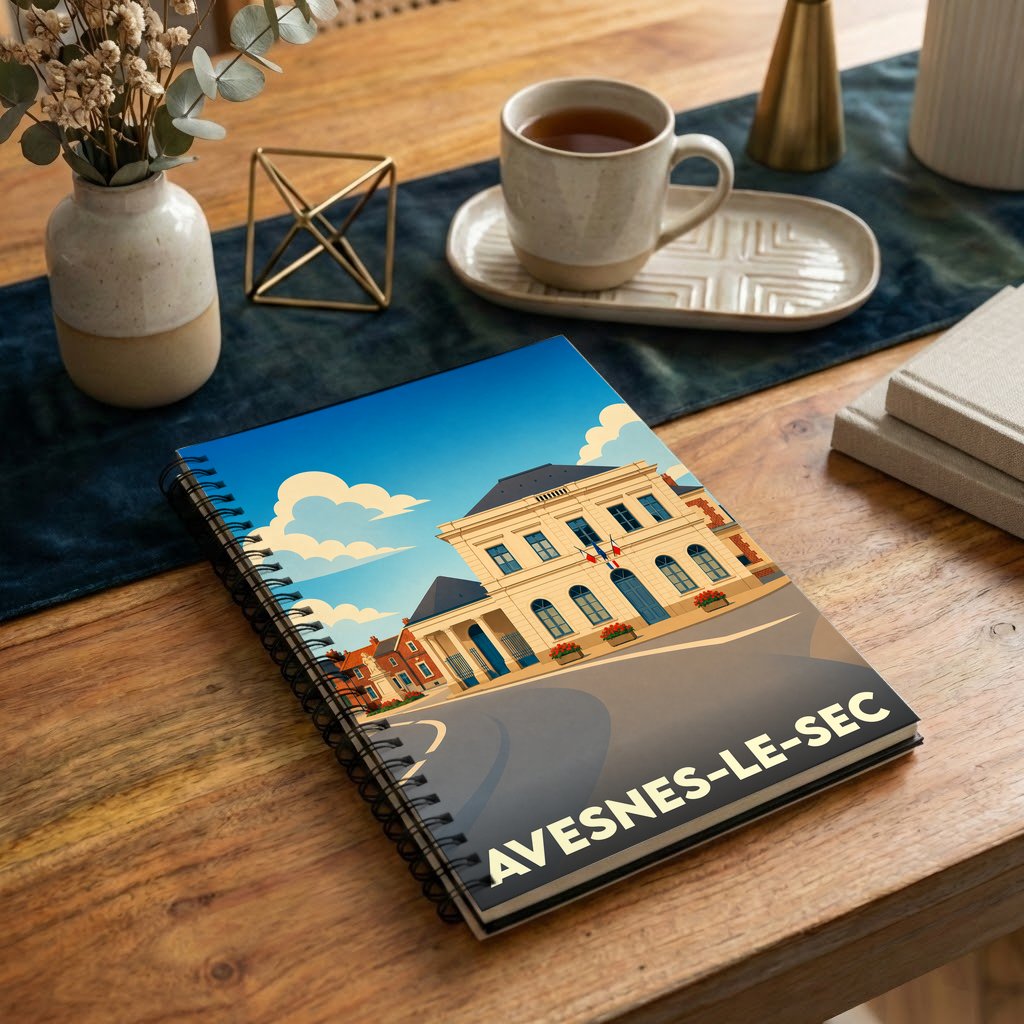 Carnet souvenir de la ville d'Avesnes-le-Sec avec une illustration stylisée de son hôtel de ville.
