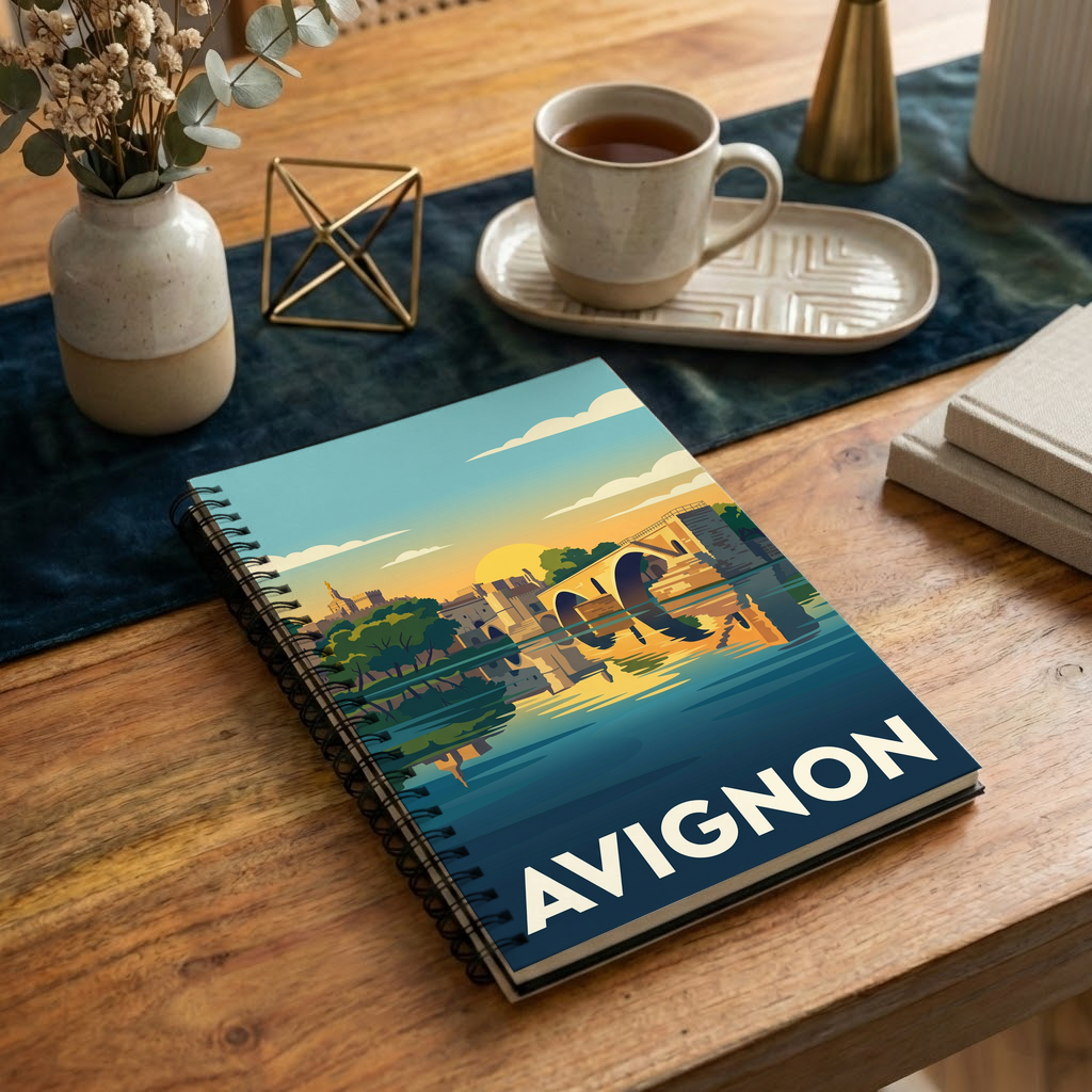 Carnet souvenir de la ville d'Avignon avec une illustration stylisée.
