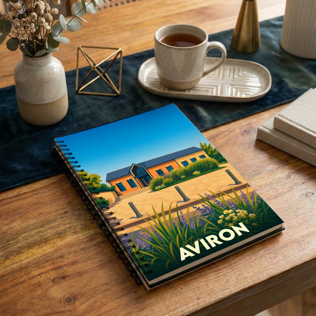 Carnet à spirales souvenir de la ville d'Aviron avec une illustration stylisée de son architecture et de sa végétation.