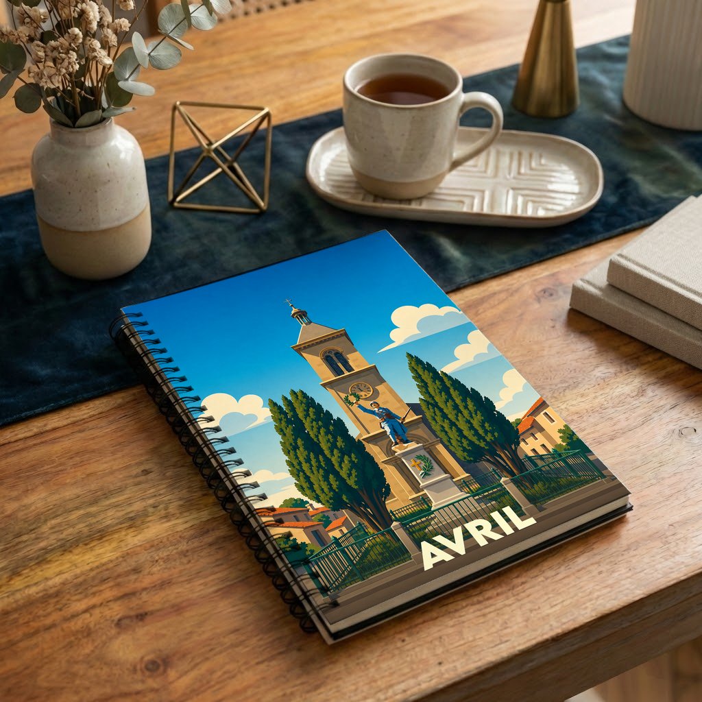 Carnet à spirales souvenir de la ville d'Avril avec une illustration stylisée de son clocher et de son monument.