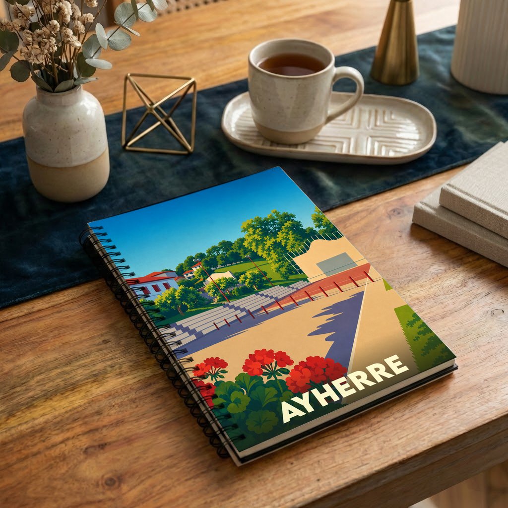Carnet de notes souvenir de la ville de Ayherre illustré par un paysage graphique et coloré.