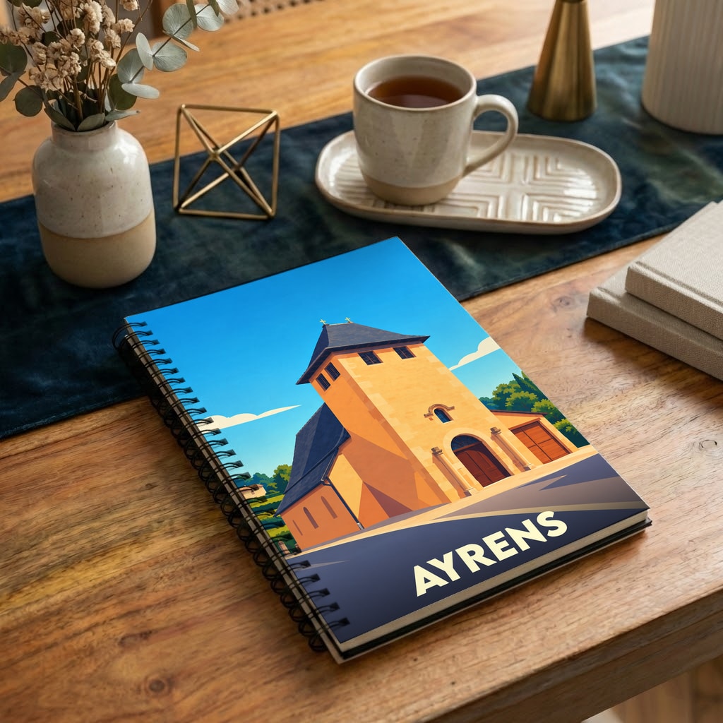 Carnet souvenir de la ville d'Ayrens orné d'une illustration stylisée de son église.