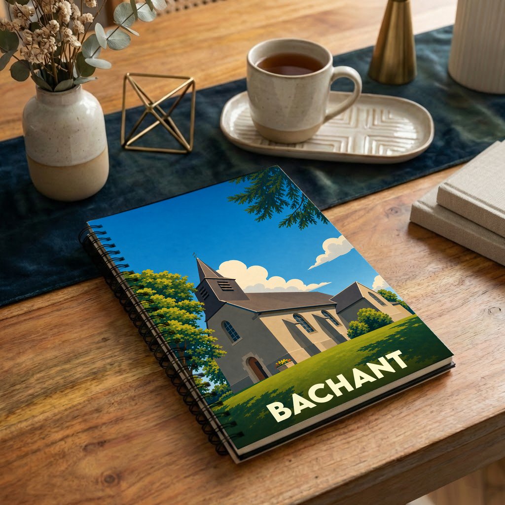 Carnet de notes souvenir de la ville de Bachant avec une illustration stylisée de son église.