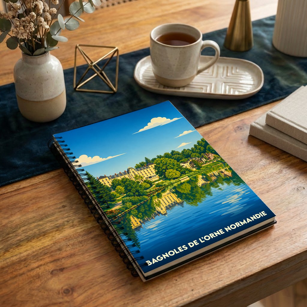 Carnet souvenir de Bagnoles de l'Orne Normandie avec une illustration stylisée des bords du lac.