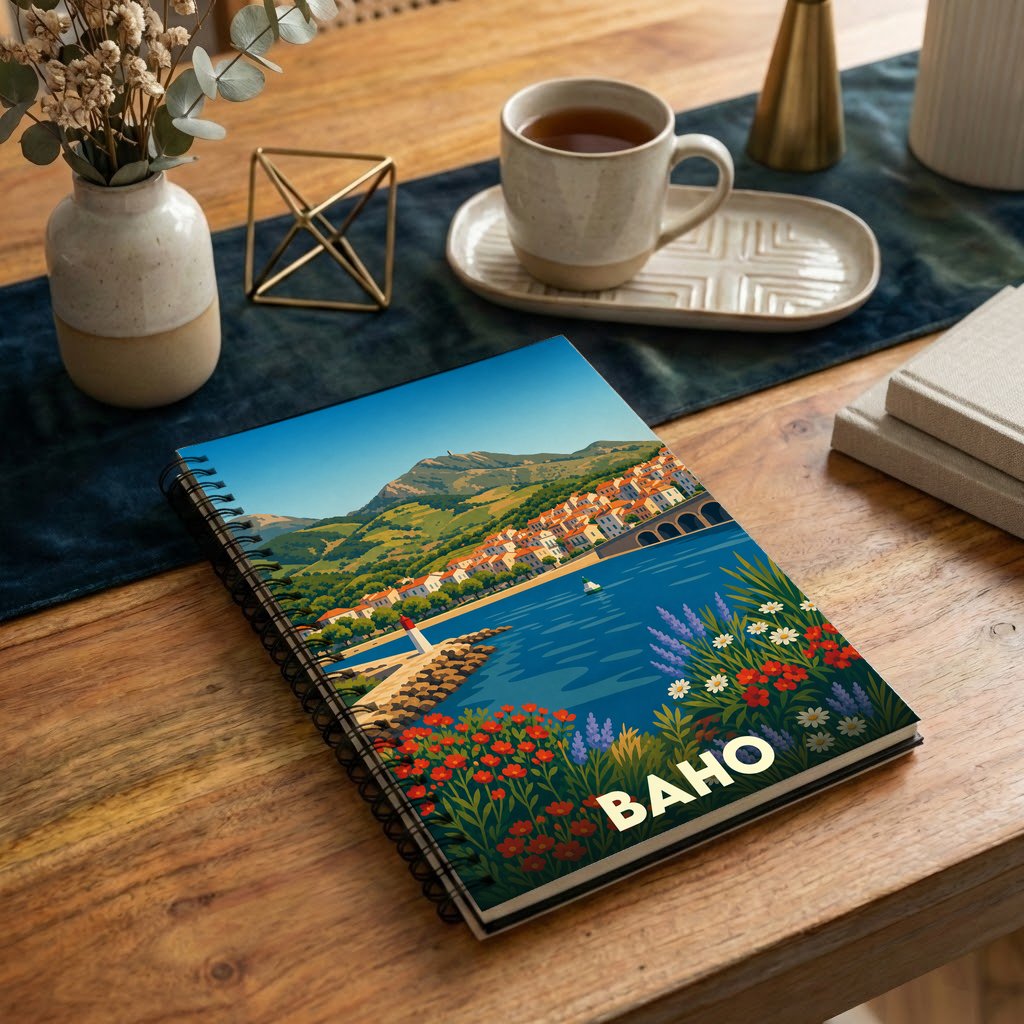 Carnet souvenir de la ville de Baho avec une illustration stylisée d'un paysage côtier.