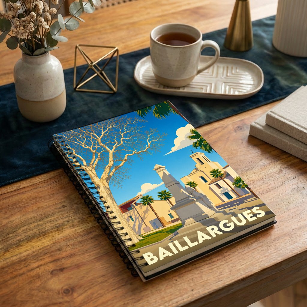 Carnet souvenir de la ville de Baillargues illustré d'un paysage urbain au style rétro.
