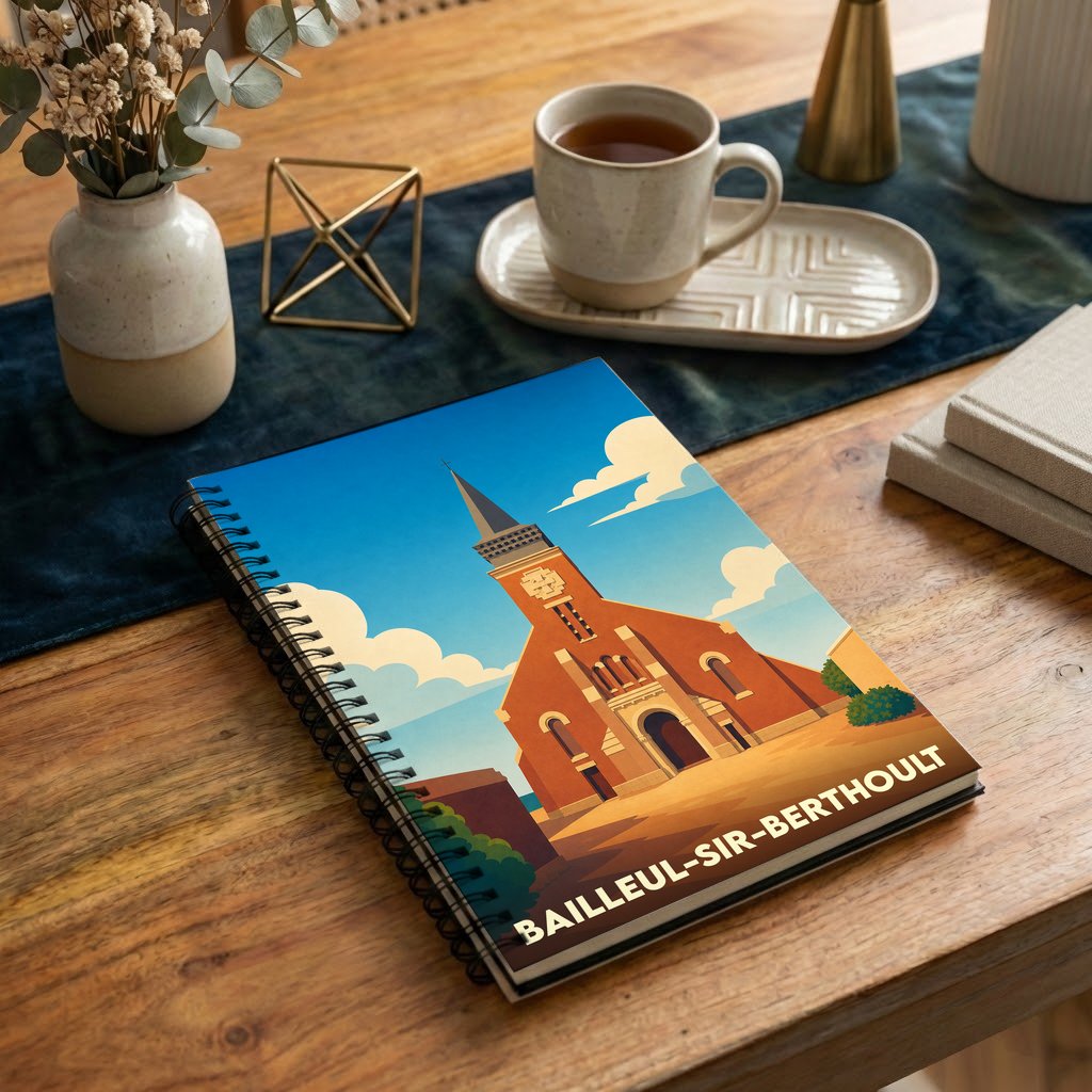 Carnet de notes à spirales avec une illustration stylisée de l'église de Bailleul-Sir-Berthoult.