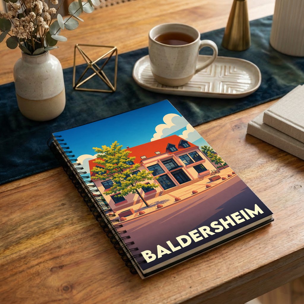Carnet à spirales souvenir de la ville de Baldersheim avec une illustration stylisée.