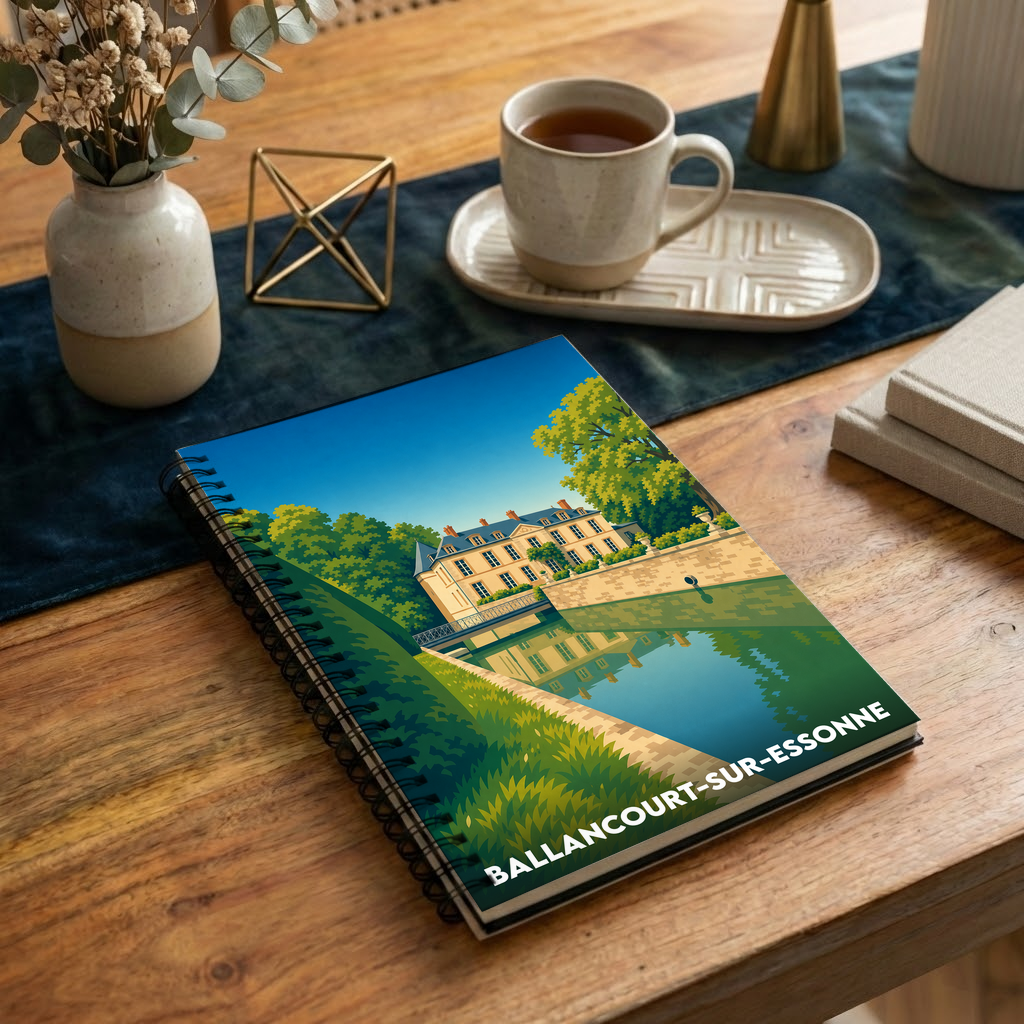 Carnet souvenir de la ville de Ballancourt-sur-Essonne avec une illustration stylisée de son château.
