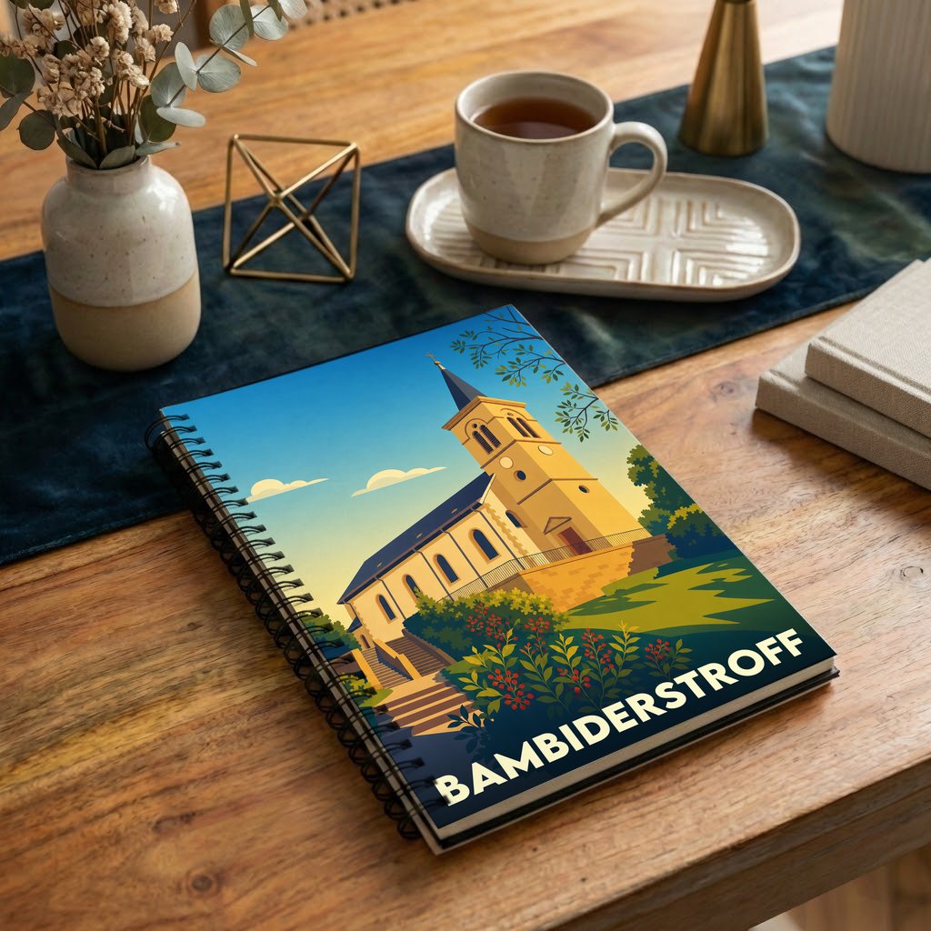 Carnet souvenir de la ville de Bambiderstroff avec une illustration stylisée de son église.