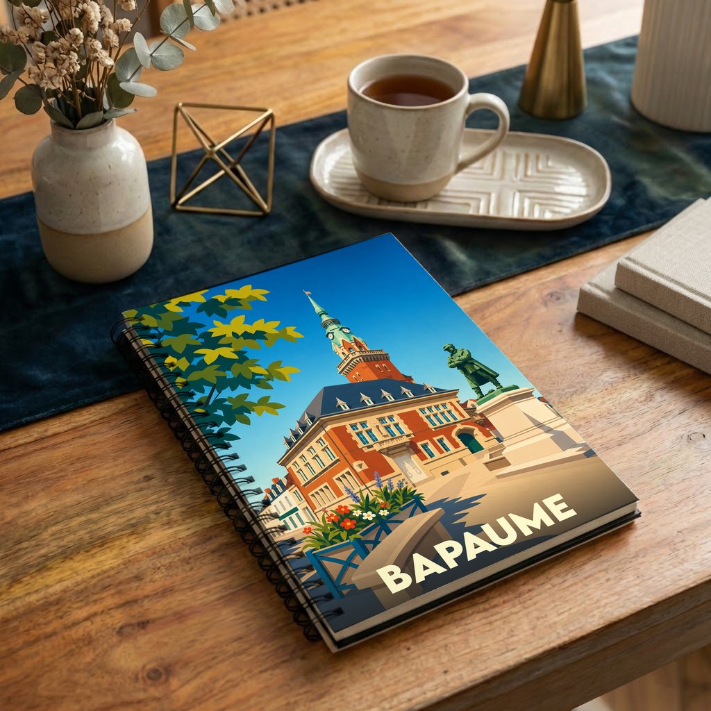 Carnet à spirales souvenir de la ville de Bapaume avec une illustration stylisée.