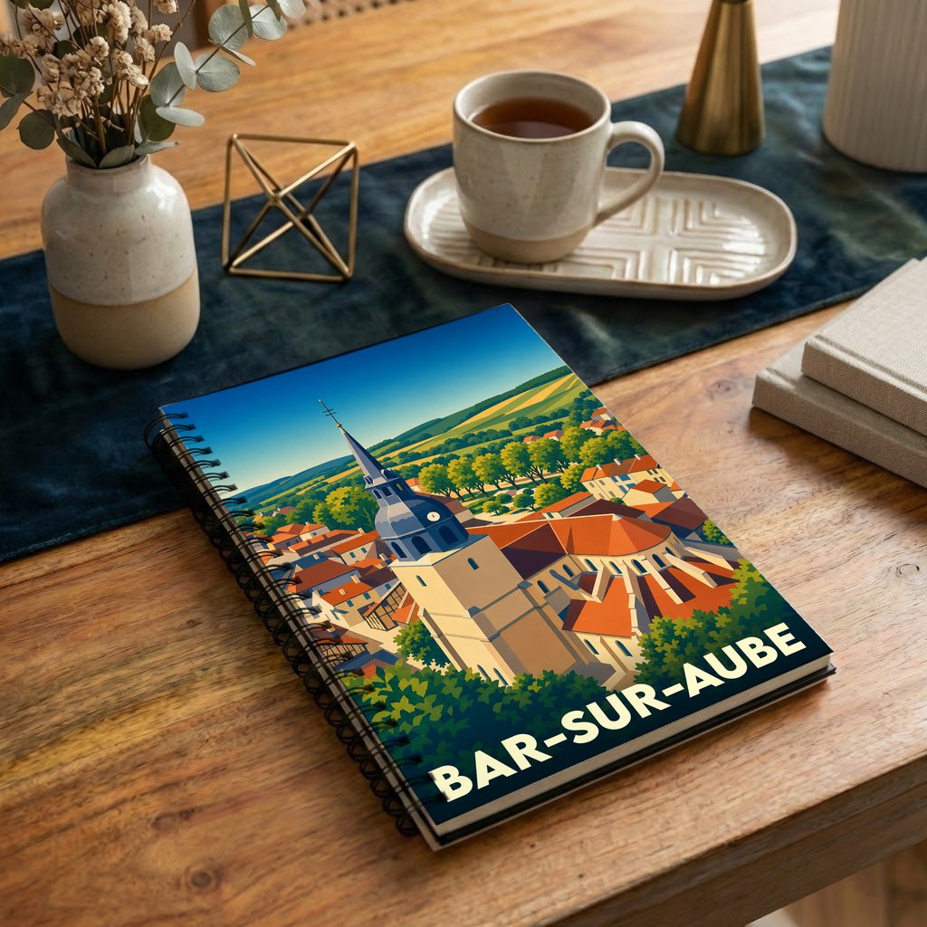 Carnet souvenir de la ville de Bar-sur-Aube avec une illustration stylisée de ses toits et de son église.
