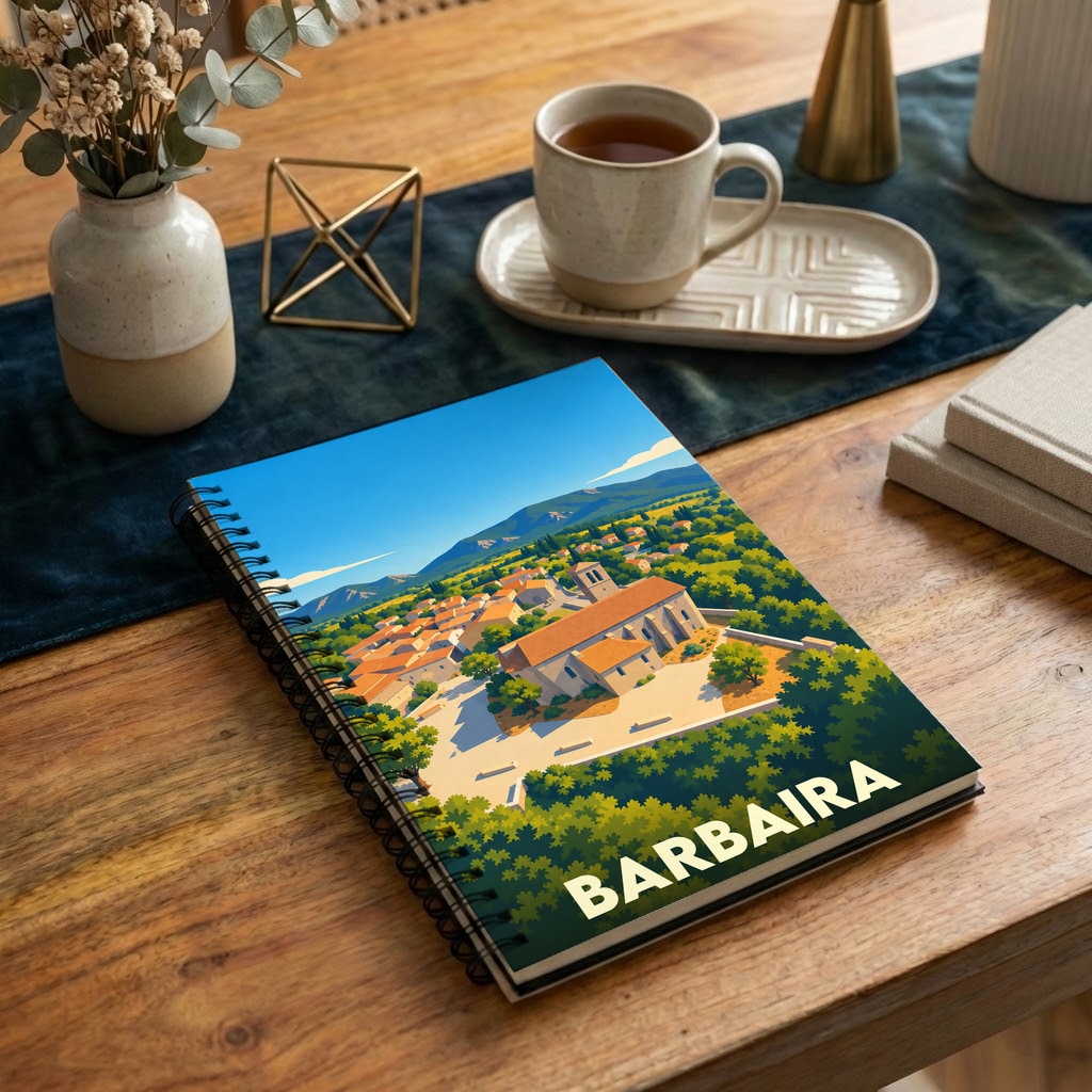 Carnet souvenir de la ville de Barbaira avec une illustration stylisée.
