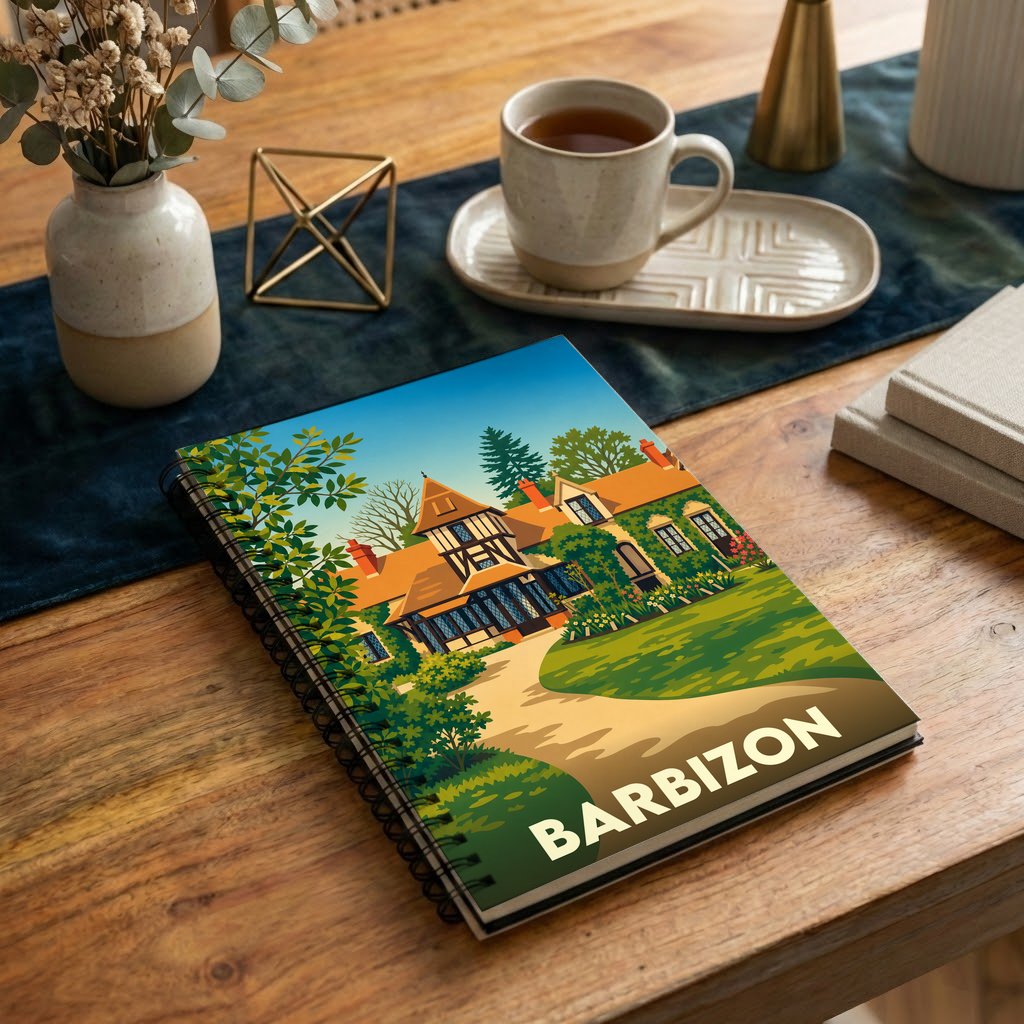 Carnet souvenir de la ville de Barbizon avec une illustration stylisée d'une demeure traditionnelle.