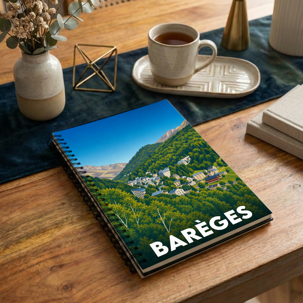 Carnet souvenir de la ville de Barèges avec une illustration stylisée.