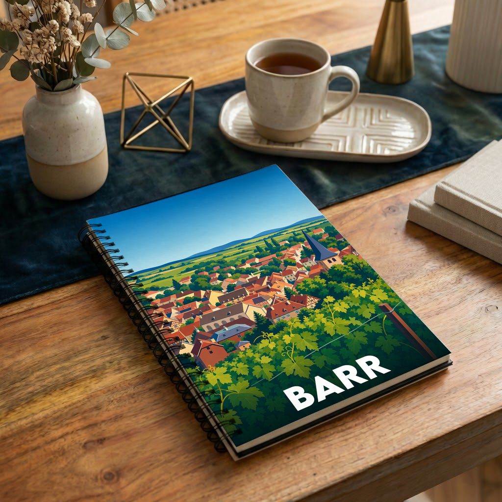 Carnet à spirales souvenir de la ville de Barr avec une illustration stylisée de son paysage urbain et de ses vignobles.
