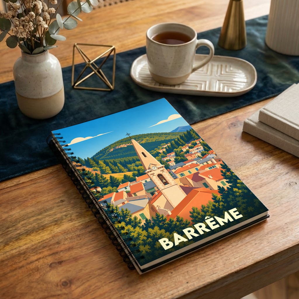 Carnet à spirales souvenir de la ville de Barrême avec une illustration stylisée d'un village provençal.