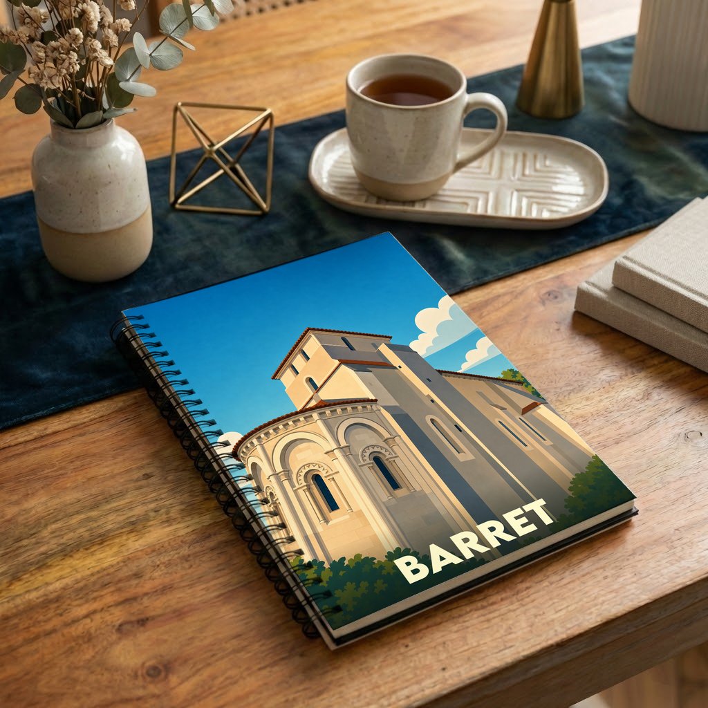 Carnet à spirales souvenir de la ville de Barret avec une illustration stylisée de son église.