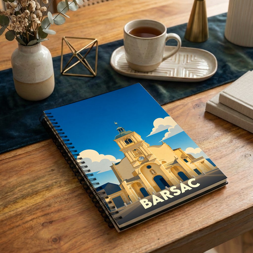 Carnet à spirales souvenir de la ville de Barsac avec une illustration stylisée de son église.
