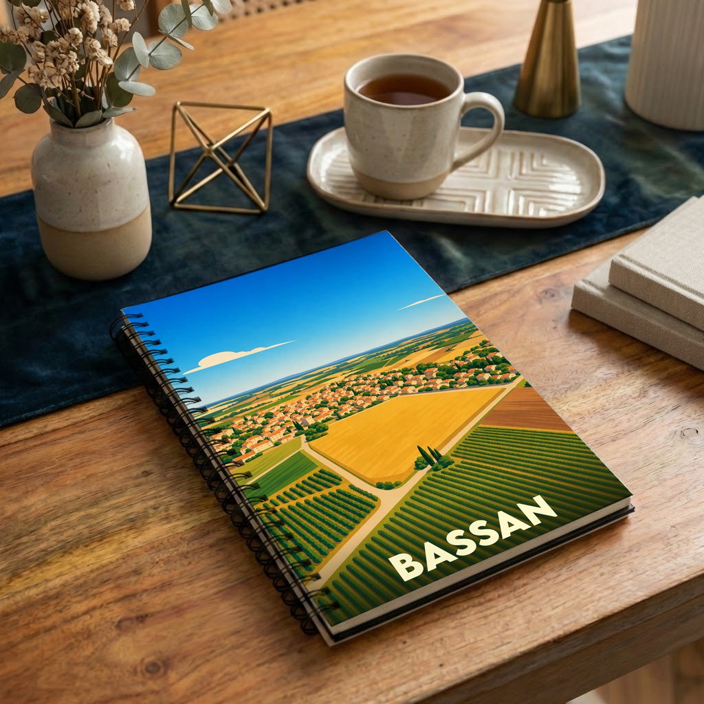 Carnet à spirales souvenir de la ville de Bassan avec une illustration stylisée de ses paysages et vignobles.