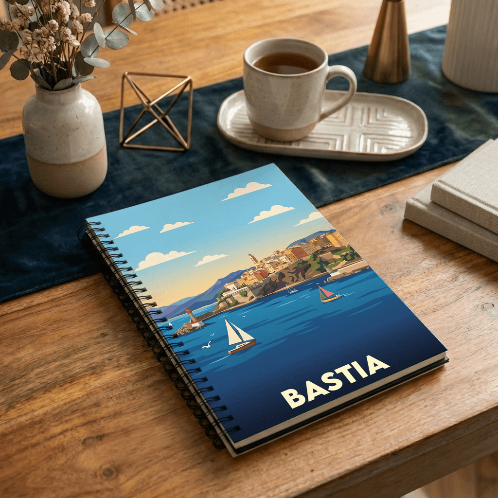 Carnet souvenir de la ville de Bastia avec une illustration stylisée de son front de mer.