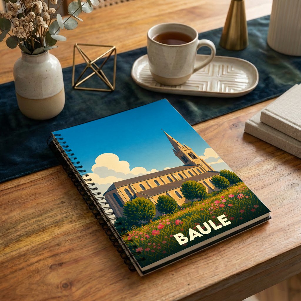 Carnet à spirales souvenir de la ville de Baule avec une illustration stylisée d'une église et de fleurs.