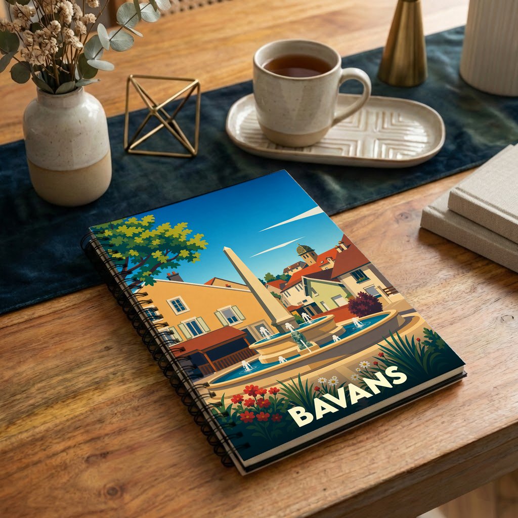 Carnet à spirales souvenir de la ville de Bavans illustré par une scène urbaine stylisée avec fontaine et obélisque.
