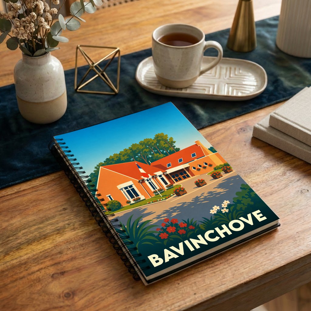 Carnet souvenir de la ville de Bavinchove avec une illustration stylisée et colorée de sa mairie.