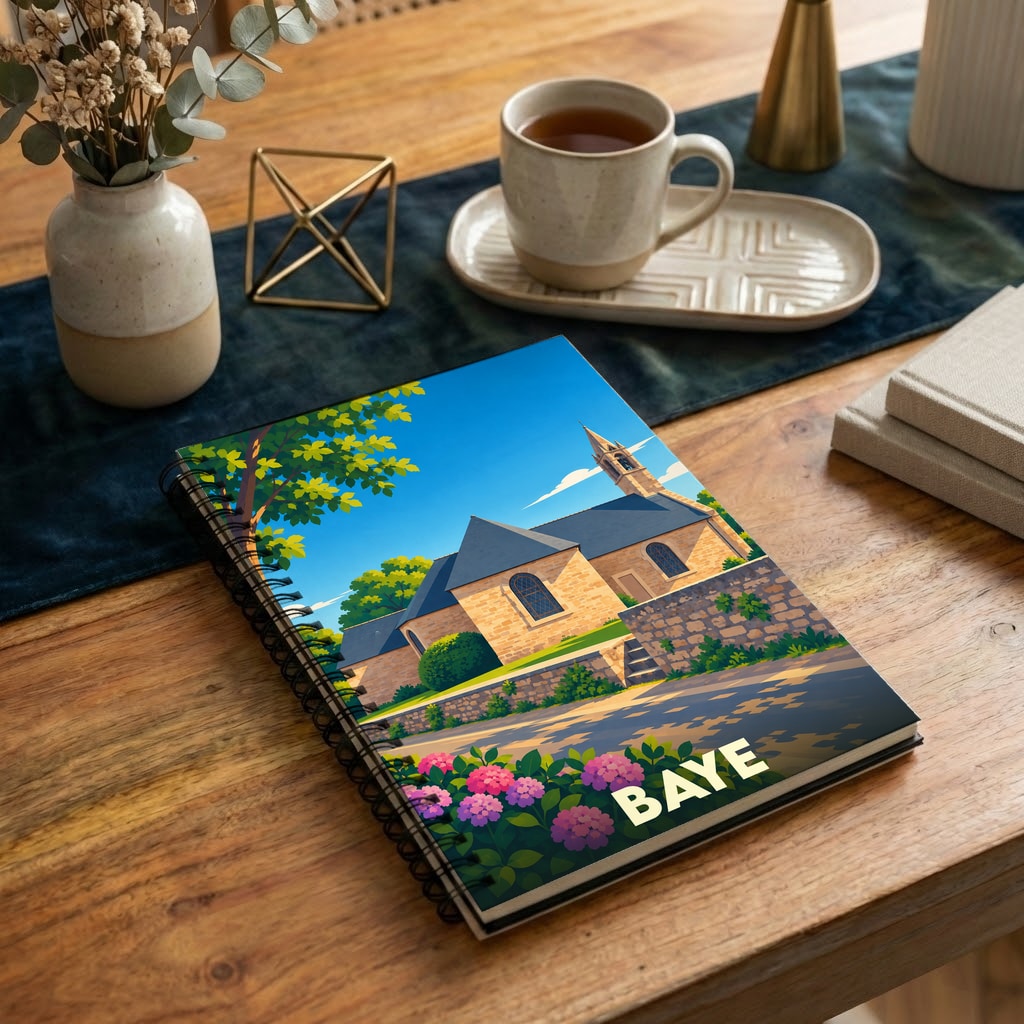 Carnet à spirales souvenir de la ville de Baye avec une illustration stylisée de son église.