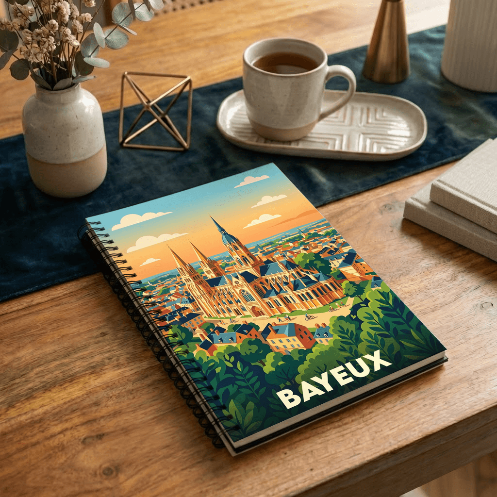 Carnet souvenir de la ville de Bayeux avec une illustration stylisée et colorée.