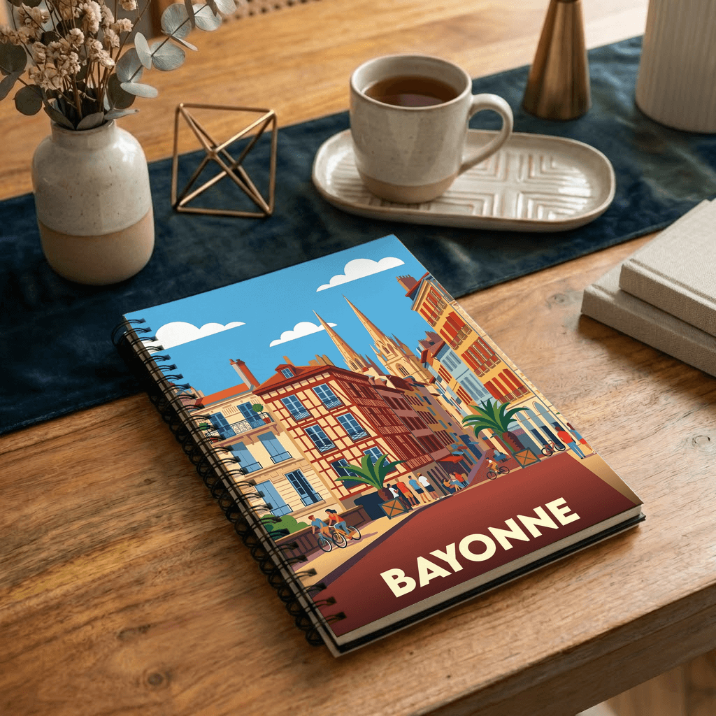 Carnet souvenir de la ville de Bayonne avec une illustration stylisée de ses rues et de son architecture colorée.