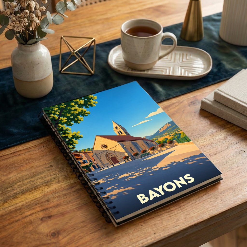 Carnet souvenir de la ville de Bayons avec une illustration stylisée.
