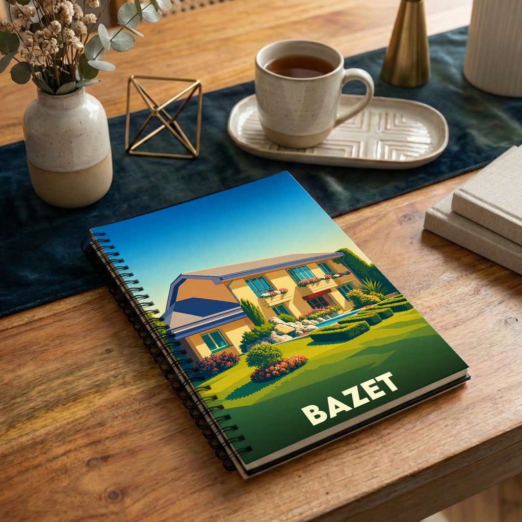 Carnet à spirale souvenir de la ville de Bazet avec une illustration stylisée d'une maison et de son jardin.