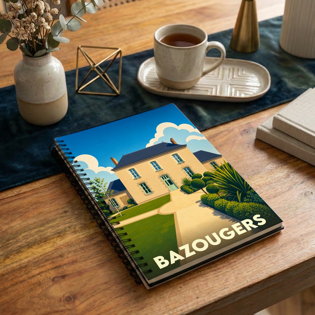Carnet souvenir de la ville de Bazougers avec une illustration stylisée d'une demeure bourgeoise et de ses jardins.