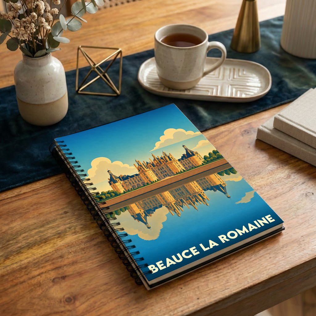 Carnet à spirales souvenir de la ville de Beauce la Romaine illustré d'un château se reflétant sur l'eau.