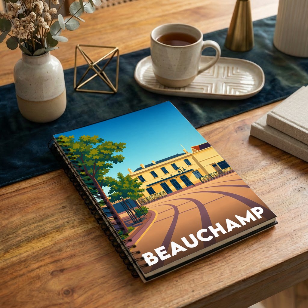 Carnet de notes souvenir de la ville de Beauchamp avec une illustration stylisée.