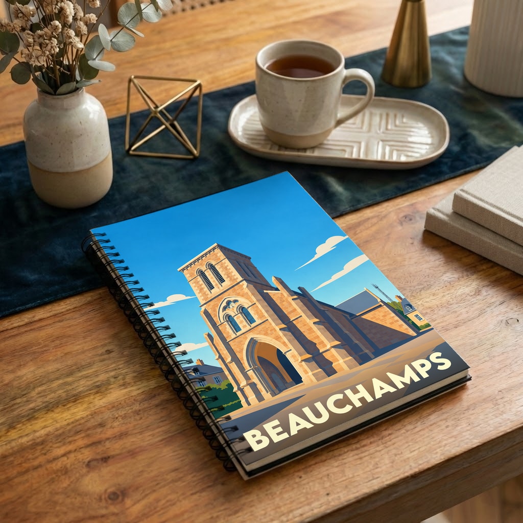 Carnet à spirale souvenir de la ville de Beauchamps avec une illustration stylisée de son église.
