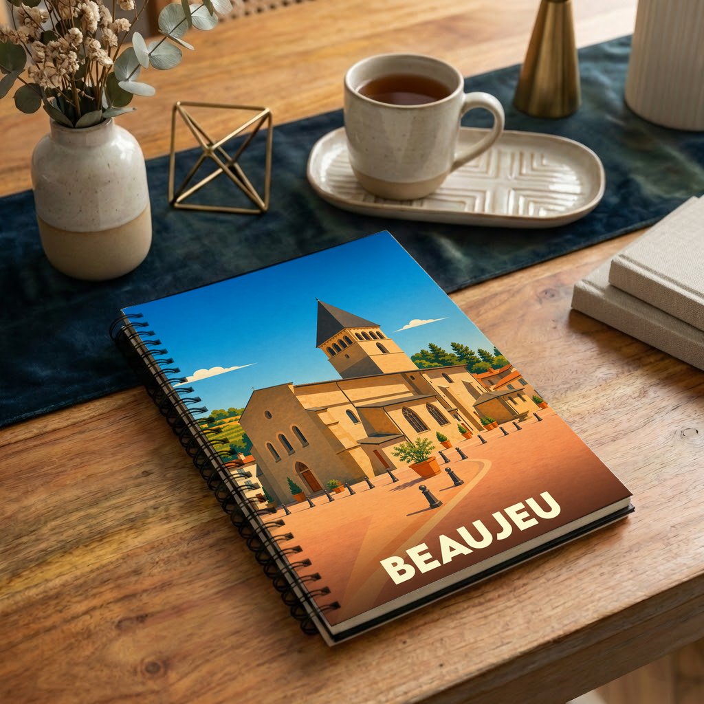 Carnet souvenir de la ville de Beaujeu avec une illustration stylisée de son église et de sa place.
