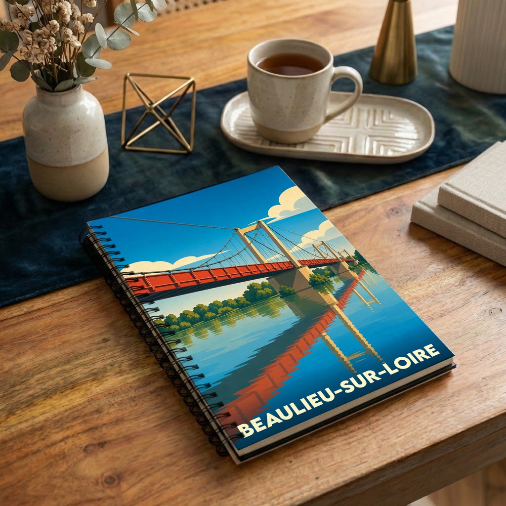 Carnet à spirales souvenir de Beaulieu-sur-Loire avec une illustration stylisée de son pont suspendu.