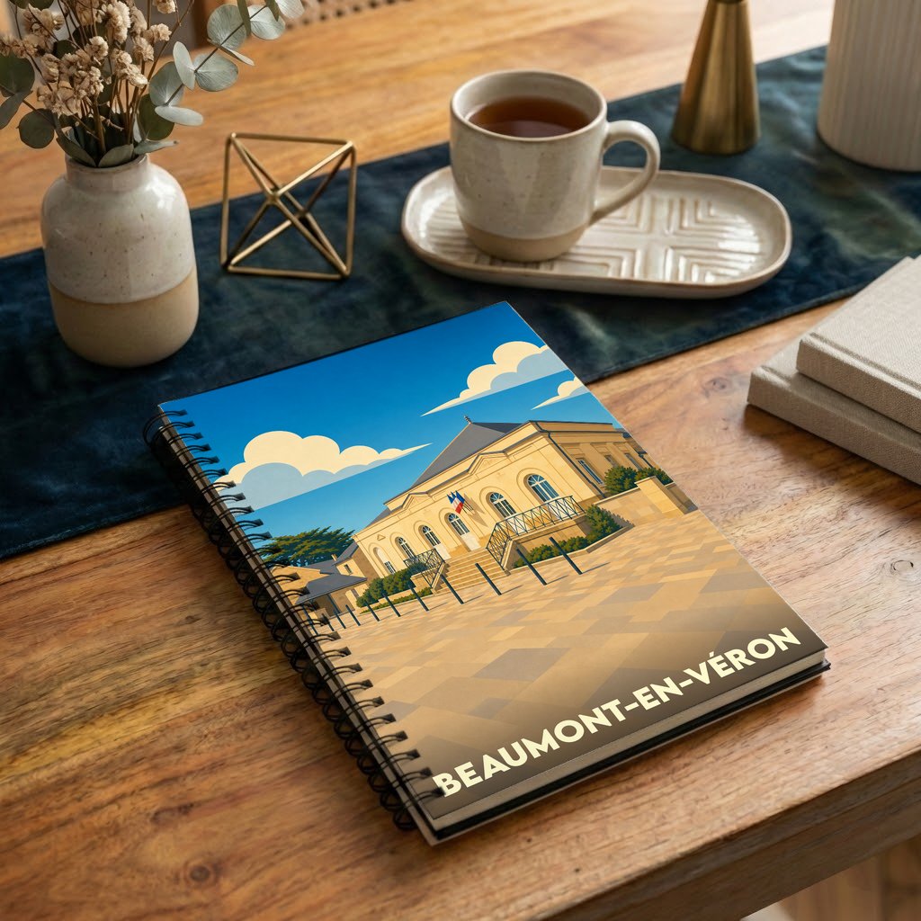 Carnet à spirales souvenir de Beaumont-en-Véron avec une illustration stylisée de la mairie.