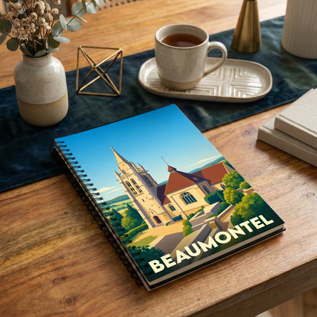 Carnet de notes à spirales souvenir de la ville de Beaumontel avec une illustration stylisée de son église.